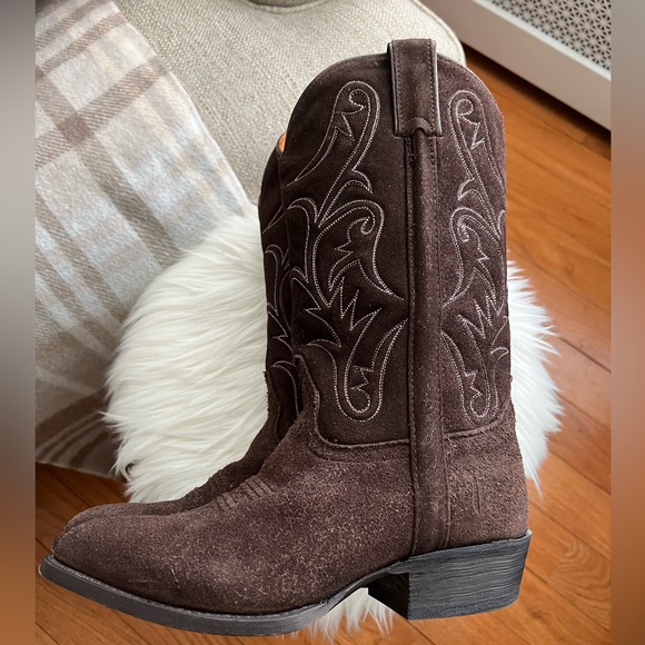 Womens Frye Bruce Pull On Cowboy Boots sz 7.5 brown suede